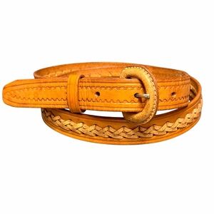 Vintage Hand-Tooled Leather Belt Tan 34” Handcrafted Western Boho 7/8” Wide